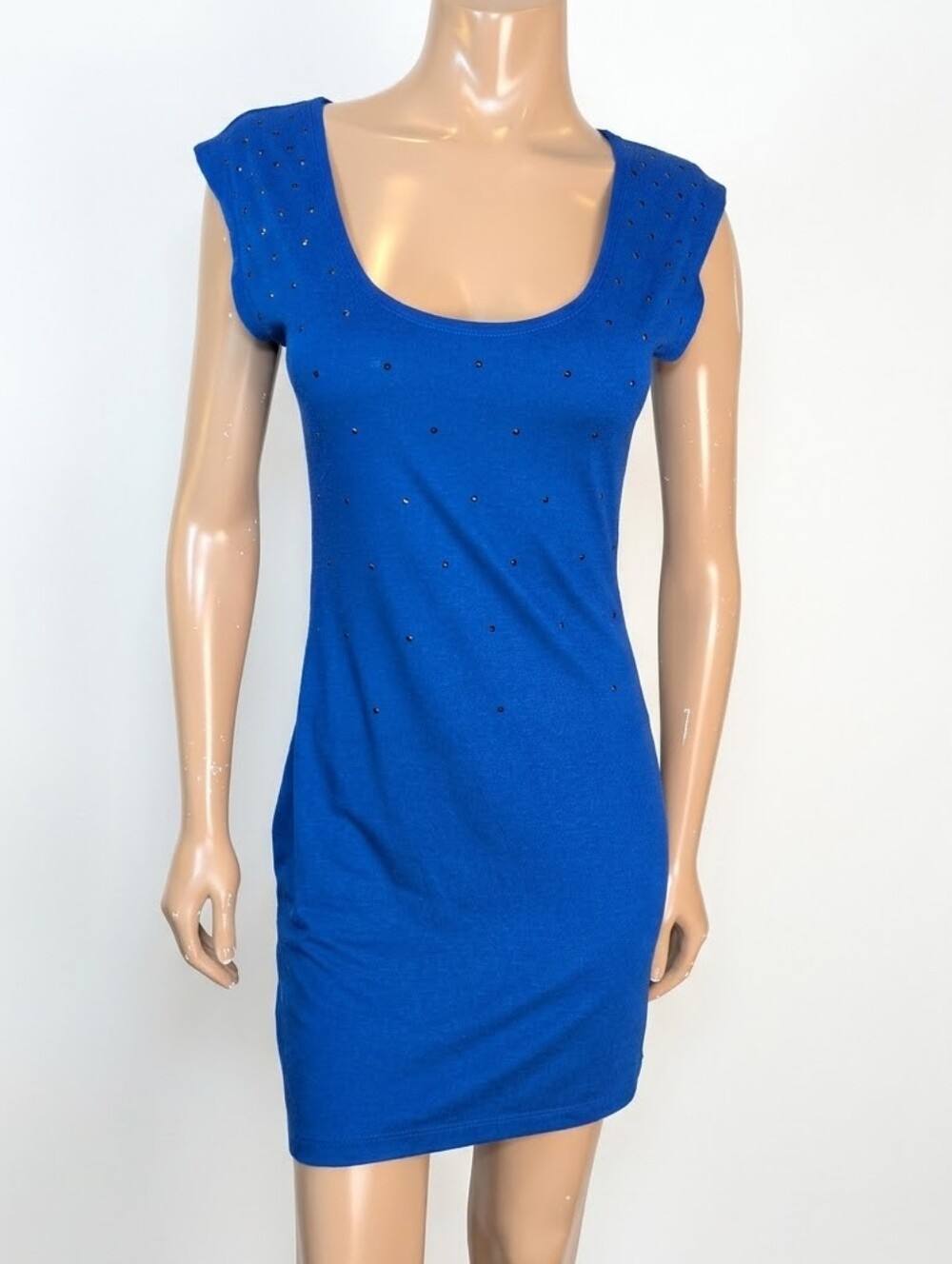 Material Girl Cobalt Blue Studded Bodycon Mini Dress Cap Sleeve Scoop Neck Club